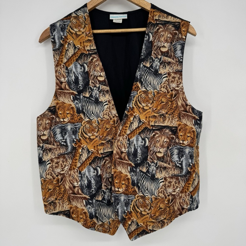90s Safari Open Vest Women's Size Medium Coastal Cotton Animals‎ Cats Zebra